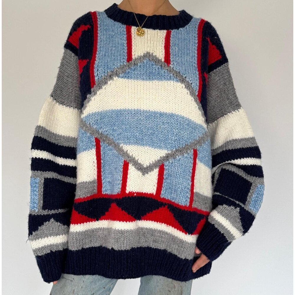 90s vintage blue geometric patterned hand knit thick chunky grandpa sweater